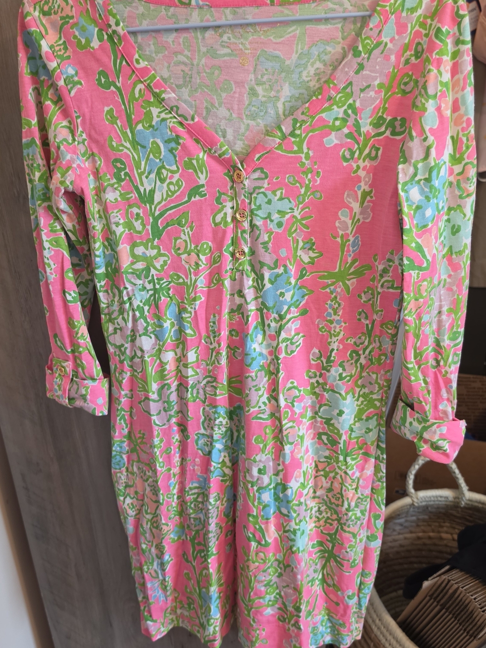 Lilly Pulitzer Pink Floral V-Neck Henley Dress with Green Accents
